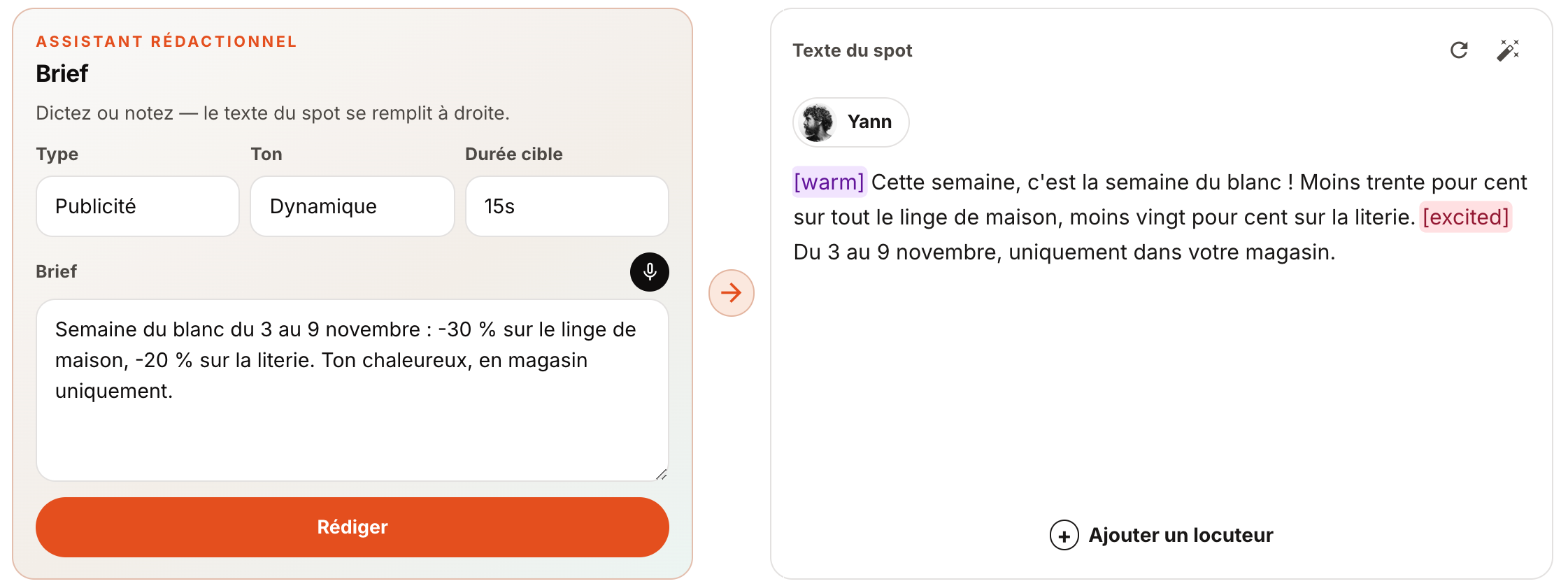 Assistant rédactionnel : brief, type, ton, durée, et texte du spot avec indications de jeu.