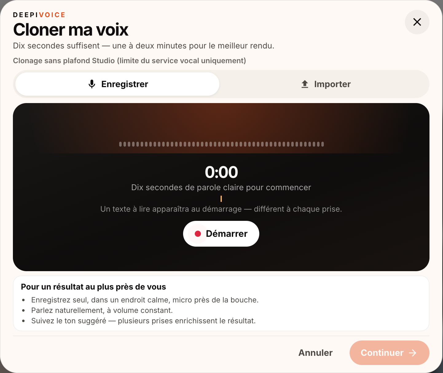 Cloner ma voix : enregistrer ou importer un échantillon.