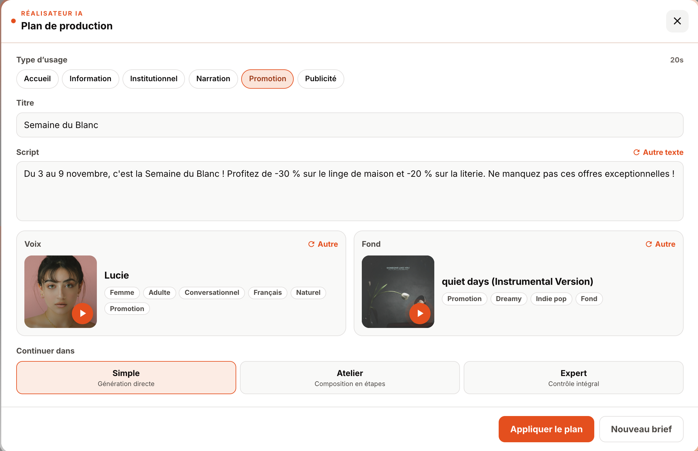 Réalisateur IA : plan de production avec type d'usage, titre, script, voix et fond proposés.