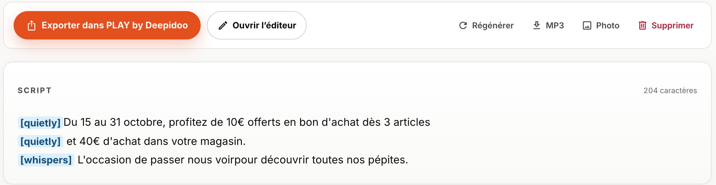 Export dans PLAY by Deepidoo en un clic, avec le script du message.